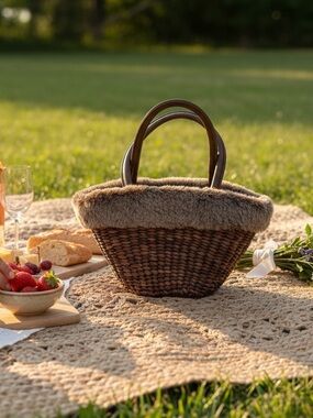 Bath and Bodyworks brown wicker and faux fur handbag